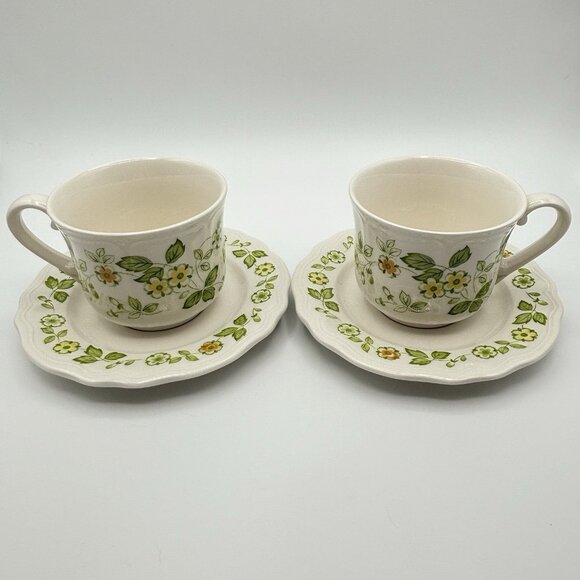 Petite Flora Ironstone Cup & Saucer Green Floral Flower Japan Sears Set of 2 - Picture 1 of 16